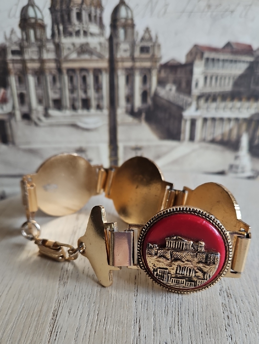 Gold-Tone Bracelet with Red Medallions and Historical Scenes Greece Rome Vintage - Picture 9 of 9